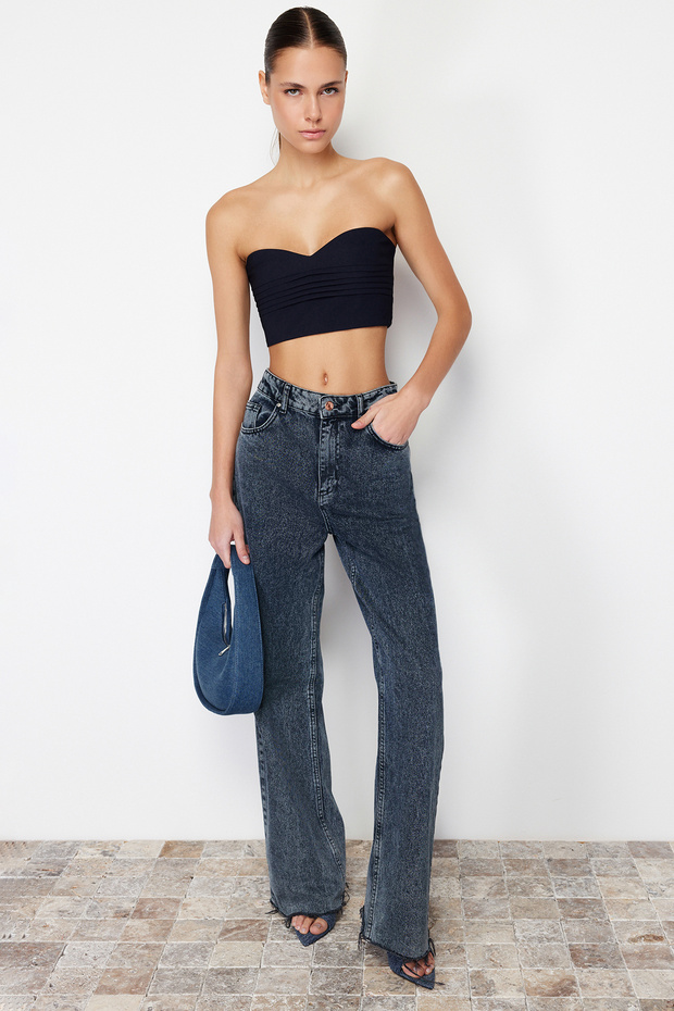 Lacivert Straplez Korse Crop Dokuma Bluz TWOSS24BZ00347 - 2