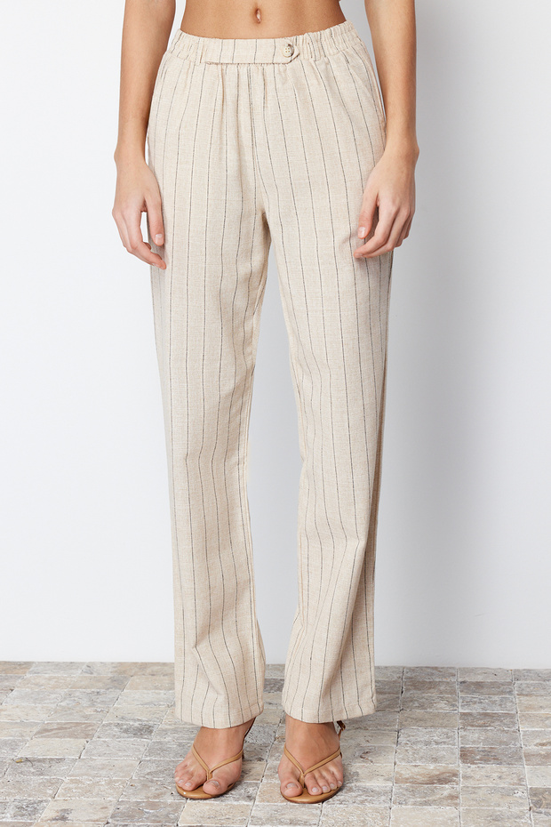 Bej Çizgili Beli Lastikli Cepli Straight/Düz Kesim Pamuk Keten Dokuma Pantolon TWOSS24PL00055 - 16