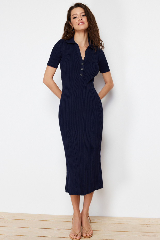 Lacivert Maxi Polo Yaka Elbise TWOSS24EL00282 - 3