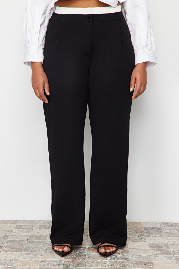 Černé široké kalhoty velké velikosti s vysokým pasem a popelínovým detailem - Tbbss24Ar00000 - 4