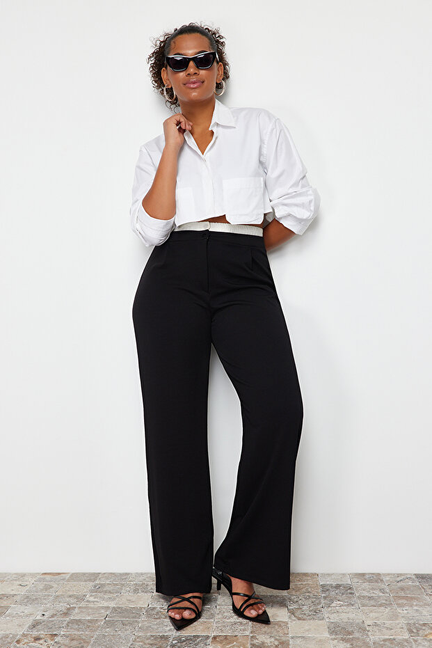 Černé široké kalhoty velké velikosti s vysokým pasem a popelínovým detailem - Tbbss24Ar00000 - 3