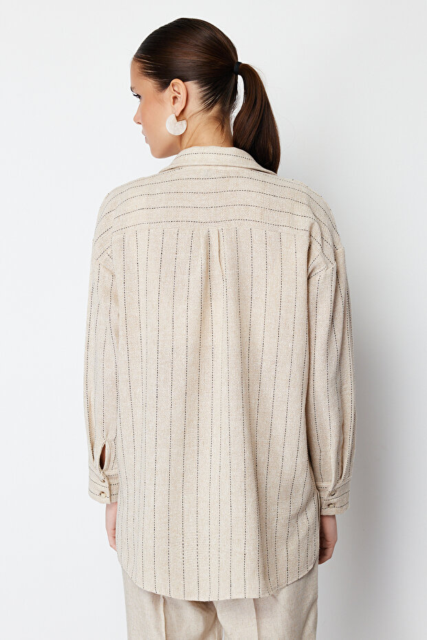 Bej Çizgili Oversize Keten Görünümlü Dokuma Gömlek TWOSS24GO00047 - 7
