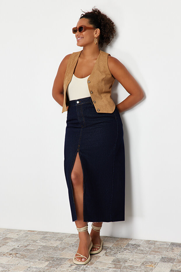 Koyu Mavi Yırtmaçlı Maxi Denim Etek TBBSS24AZ00046 - 3