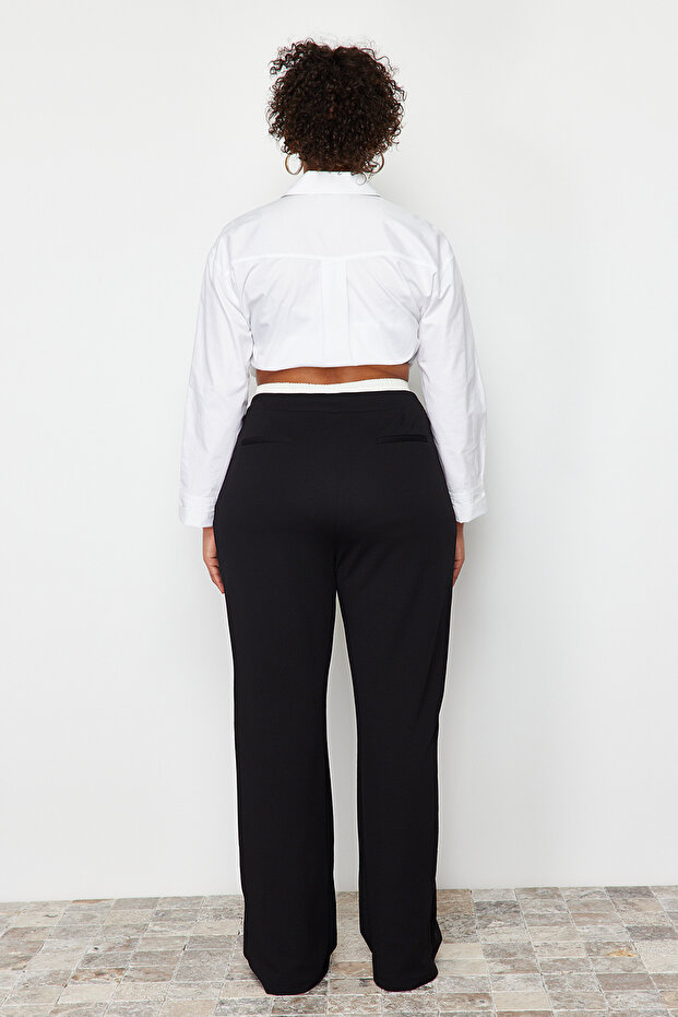 Černé široké kalhoty velké velikosti s vysokým pasem a popelínovým detailem - Tbbss24Ar00000 - 6