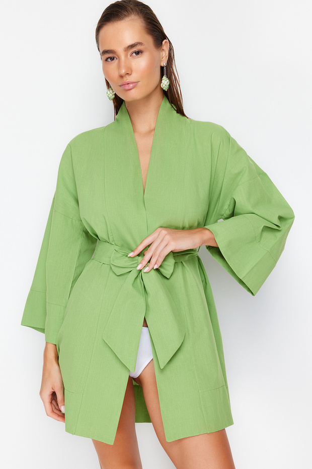 Yeşil Dokuma Plaj Mini Kuşaklı Kimono&Kaftan TBESS23KM00080 - 5