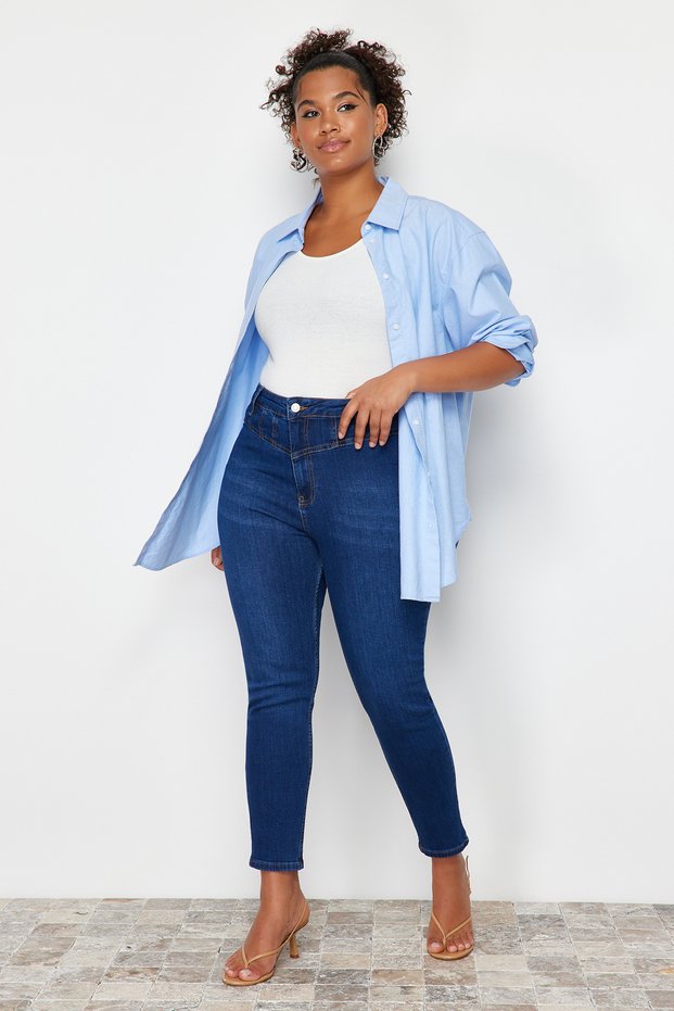 Dark Blue Stitching Detailed Stretchy Skinny Denim Jeans TBBSS24CJ00001