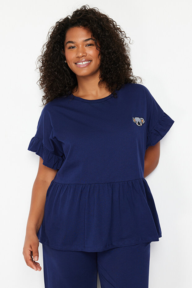 Lacivert Örme Nakışlı Volanlı Pijama Takımı TBBSS22PT0565 - 4