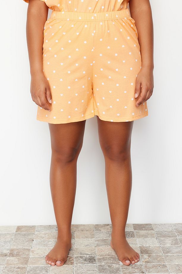 Turuncu %100 Pamuklu Puantiyeli ve Kalpli Şortlu Örme Pijama Takımı TBBSS24AI00025 - 6