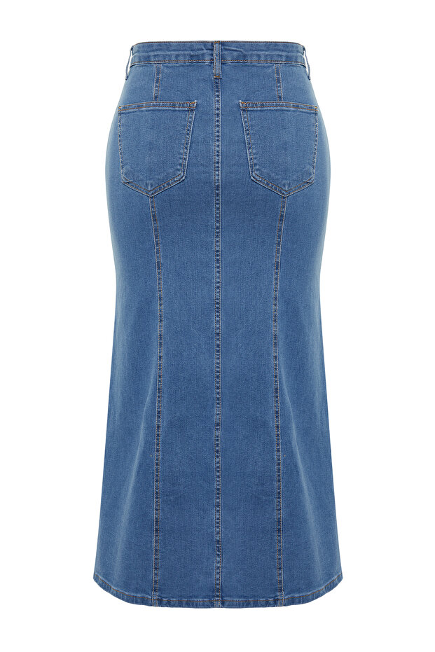 Mavi Ön Yırtmaç Detaylı Midi Denim Etek TBBSS24AZ00011 - 10