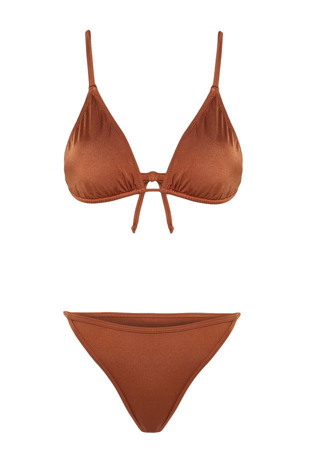 Kahverengi Üçgen Etekli Kaplı Brazilian Normal Bel 3'lü Set Bikini Takımı TBESS24BT00022 - 7