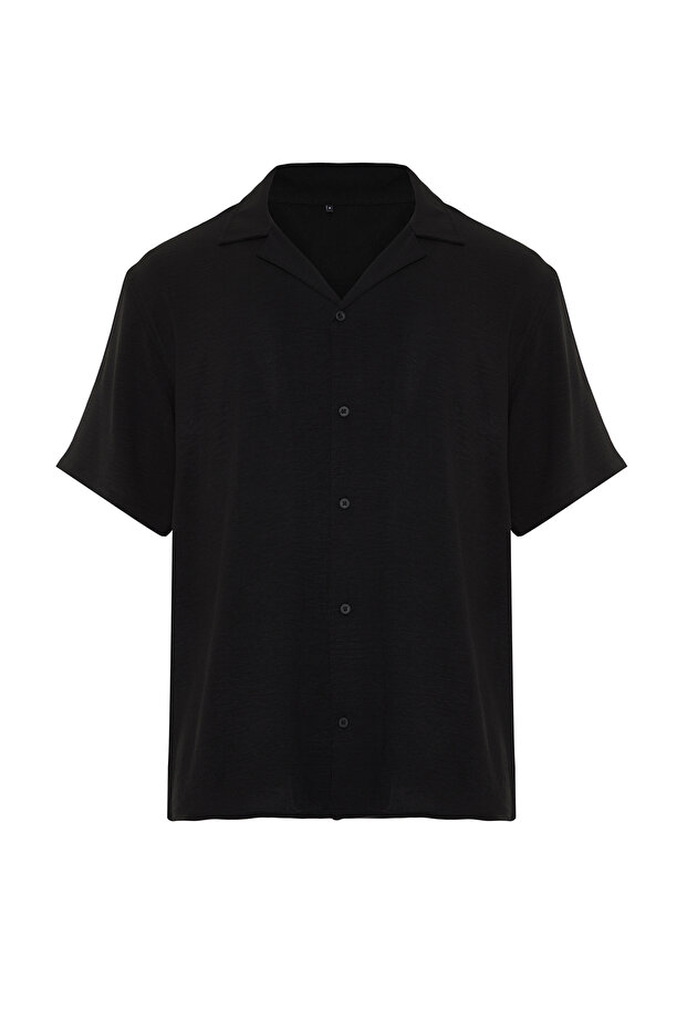 Siyah Oversize Fit Yazlık Kısa Kollu Keten Görünümlü Gömlek TMNSS24GO00019 - 7