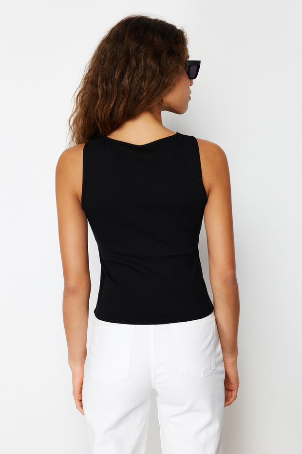 Siyah Düğmeli Fitted/Vücuda Oturan Fitilli Esnek Örme Bluz TWOSS24BZ00306 - 6