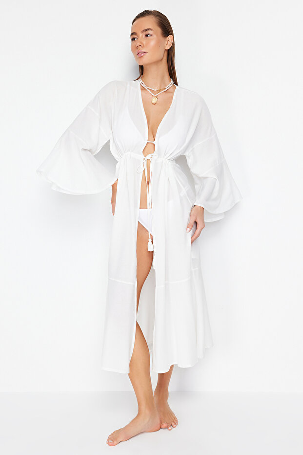 Ekru Dokuma Büzgülü Maxi Plaj Kimono&Kaftan TBESS23KM00105 - 2