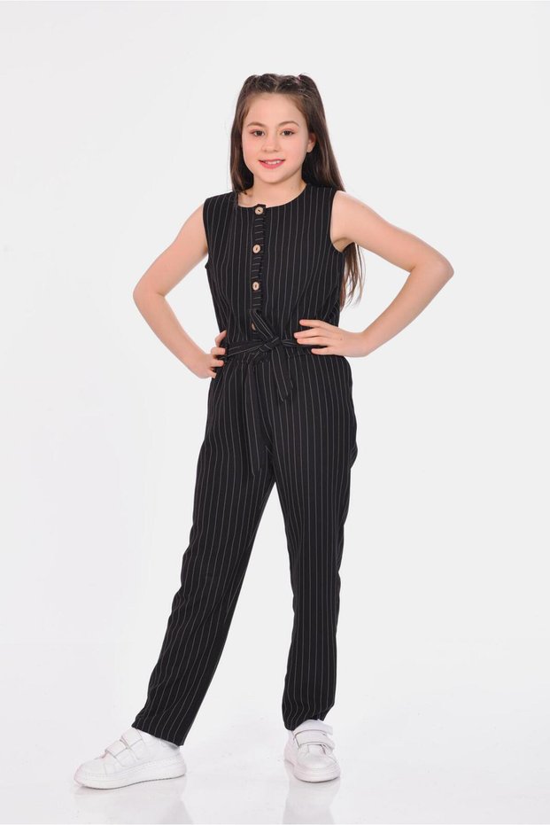 Striped Front Placket Buttoned Girl's Jumpsuit