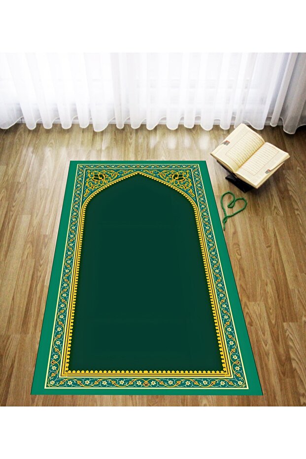Digital Printed Green Floor Gold Framed Velvet Washable Non-Slip Base Prayer Rug Prayer Rug