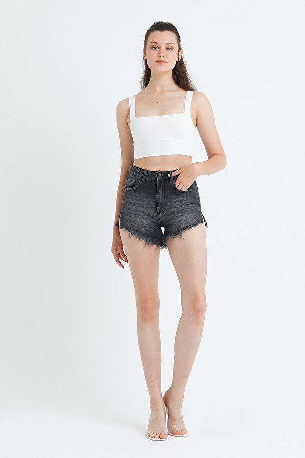 Gri Yırtmaçlı Şort - 2