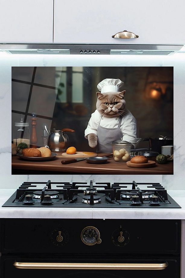 Cam Ocak Arkası Koruyucu Sevimli Aşçı Kedi 72x46 cm Hediyelik - 1