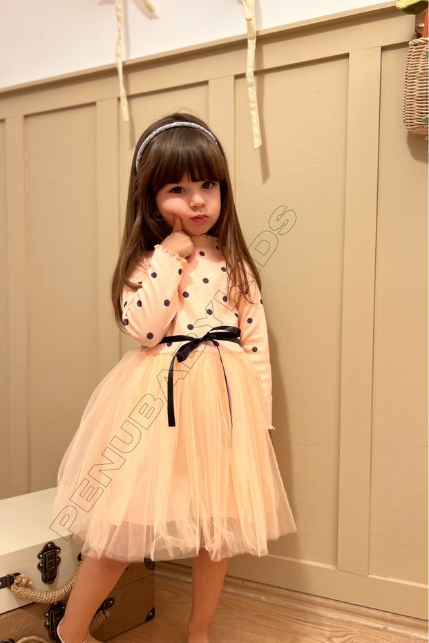 Salmon Polka Dot Tutu Long Sleeve Baby Girl Dress - Emily