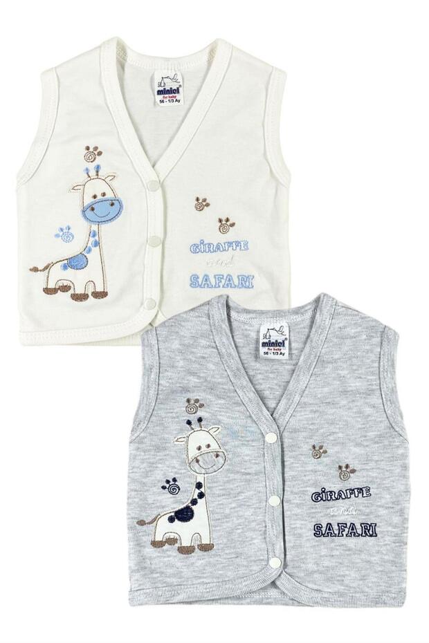 Baby Boy Giraffe Embroidered Organic Cotton 3-6-9 Months 2-Piece Combed Baby Vest - Gray