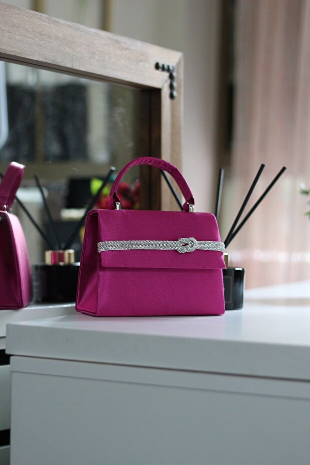 Women's Satin Fuchsia Stone Stripe Detailed Evening Shoulder Bag