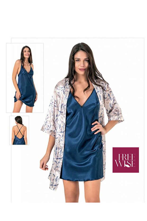 Freewise Women's Navy Blue Nightgown, Floral Patterned Robe Set