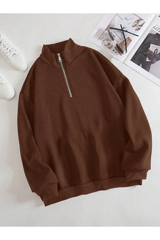 Brown high collar zippered oversize unisex sweatshirt