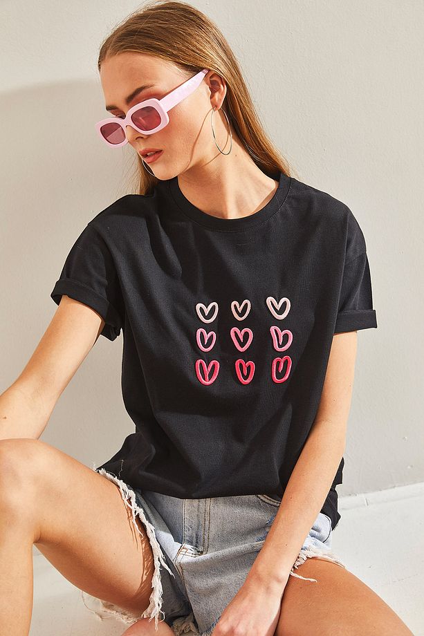Kadın Kalp Baskılı Tshirt - 2
