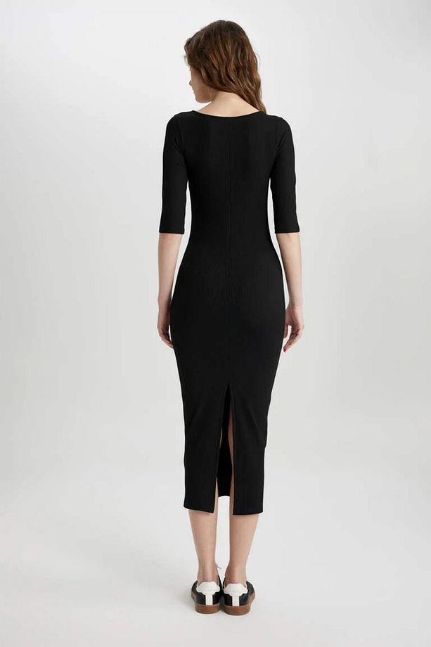 Bodycon Vücudu Saran Basic Düz Kare Yaka Fitilli Kaşkorse Midi Kısa Kollu Elbise B2438axbk81 - 5