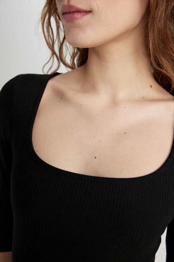 Bodycon Vücudu Saran Basic Düz Kare Yaka Fitilli Kaşkorse Midi Kısa Kollu Elbise B2438axbk81 - 4