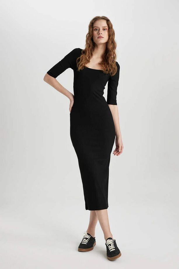 Bodycon Vücudu Saran Basic Düz Kare Yaka Fitilli Kaşkorse Midi Kısa Kollu Elbise B2438axbk81 - 1
