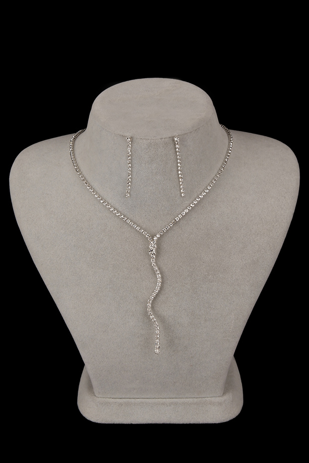 Wavy Model Shiny Stylish Crystal Stone Evening Dress Necklace and Earring Set