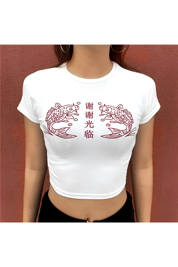 White Fish Anime Text Detail Half T-Shirt Body Crop