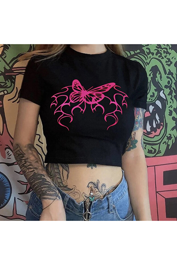 Gothic Butterfly Detail Half T-Shirt Body Crop