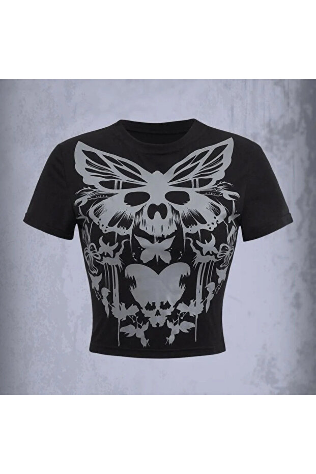 Black Double Butterfly Skull Collage Crop