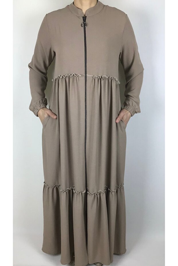 AYROBIN RUFFLED ABAYA WITH ELASTIC Pocketed, POCKETS AND ZIPPER.