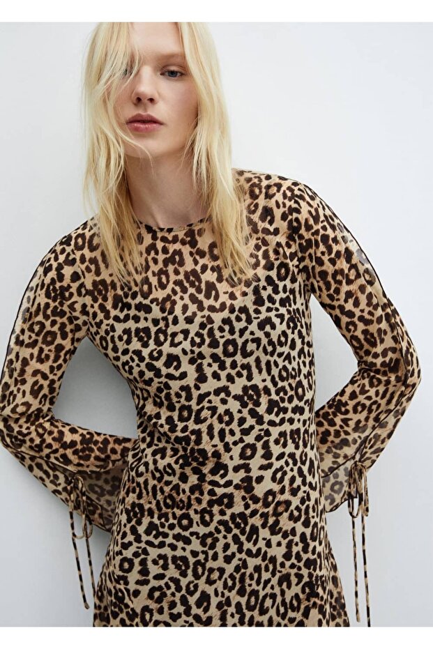 Dökümlü leopar desenli elbise - 1