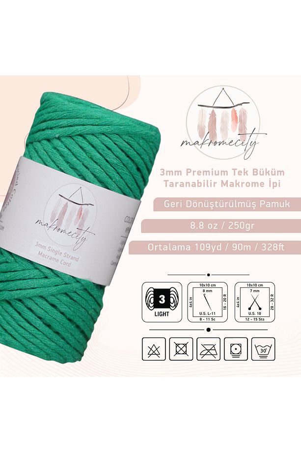 Taranan Makrome Ipi 3mm Taranabilir Pamuk Makrome Ipi Makrame Ipi Benetton Yeşil - 3