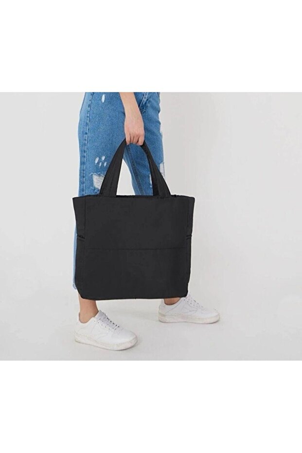 Black Women's Embossed Puff Fabric Wide Pocket Shoulder Bag
