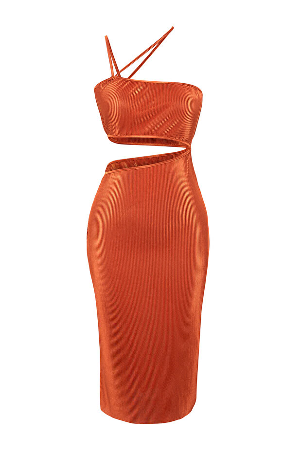 Kiremit Pencere/Cut Out Detaylı Dokulu Örme Şık Abiye Elbise TPRSS23EL00152 - 7