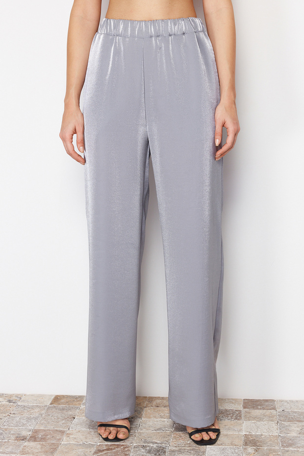 Antrasit Saten Wide Leg/Geniş Paça Lastikli Dokuma Pantolon TWOSS24PL00086 - 5