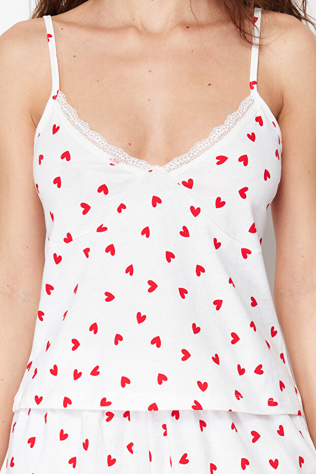 Beyaz %100 Pamuklu Kalpli Dantelli İp Askılı Şortlu Örme Pijama Takımı THMSS24PT00106 - 4