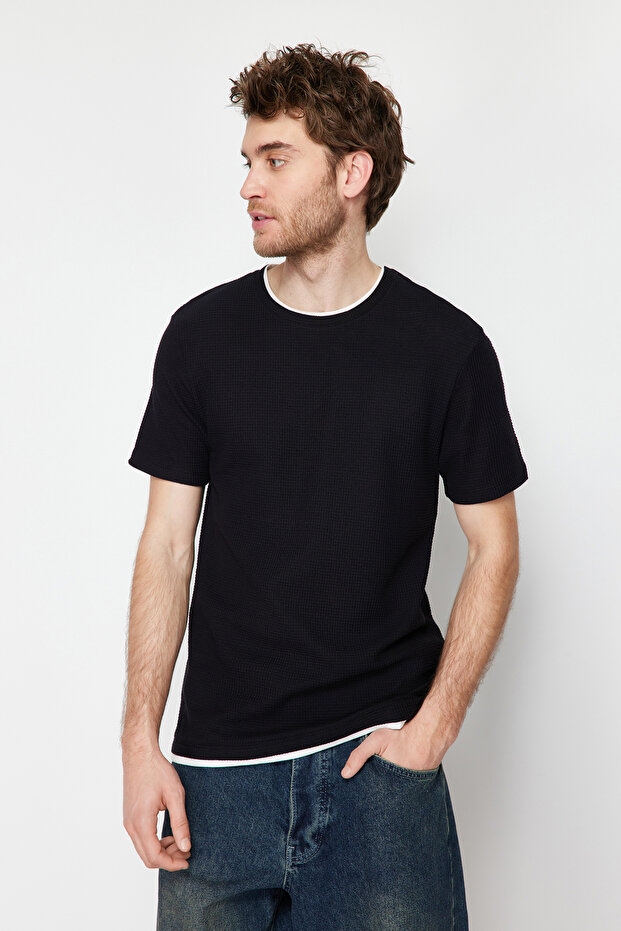 Siyah-Mint Regular/Normal Kesim 2'li Paket Dokulu %100 Pamuklu T-Shirt TMNSS24TS00097 - 6