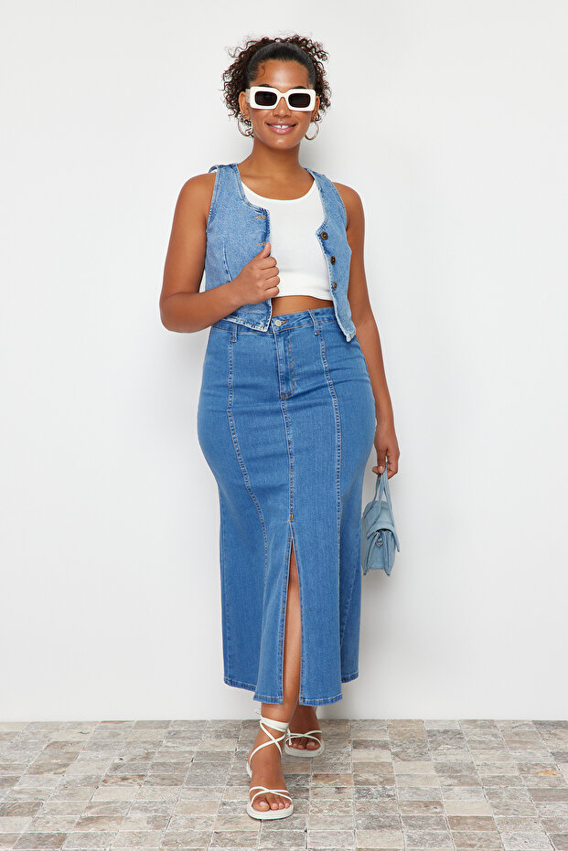 Mavi Ön Yırtmaç Detaylı Midi Denim Etek TBBSS24AZ00011 - 3