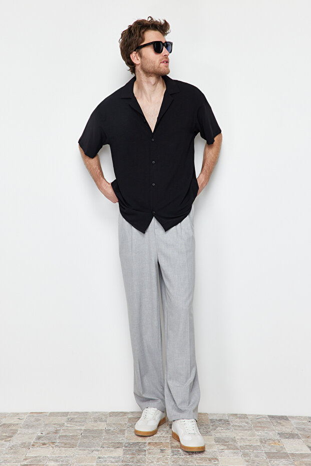Siyah Oversize Fit Yazlık Kısa Kollu Keten Görünümlü Gömlek TMNSS24GO00019 - 2
