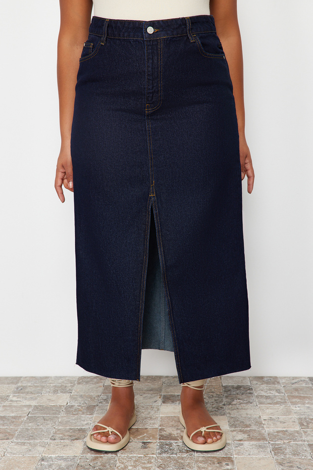 Koyu Mavi Yırtmaçlı Maxi Denim Etek TBBSS24AZ00046 - 4