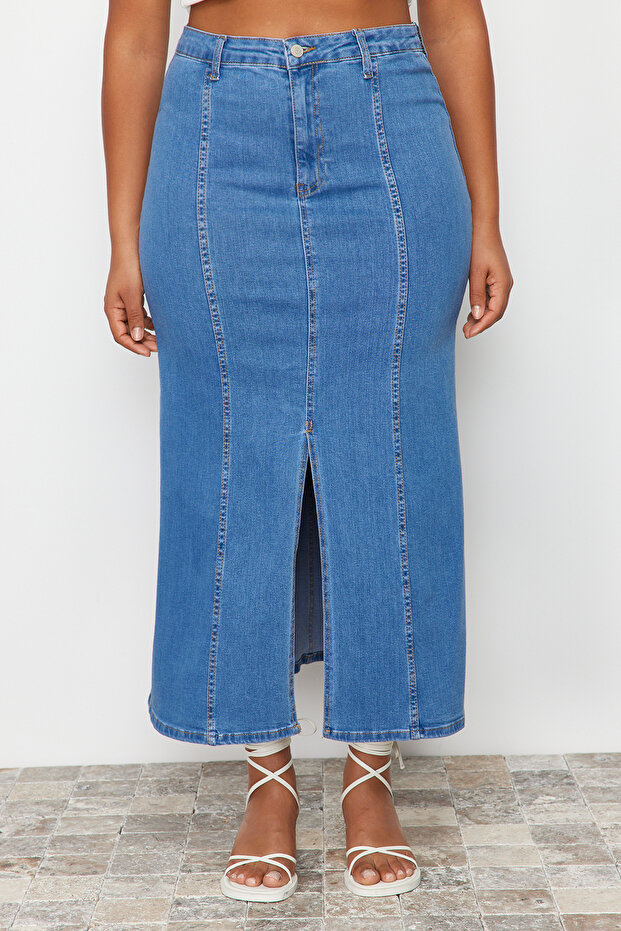 Mavi Ön Yırtmaç Detaylı Midi Denim Etek TBBSS24AZ00011 - 5