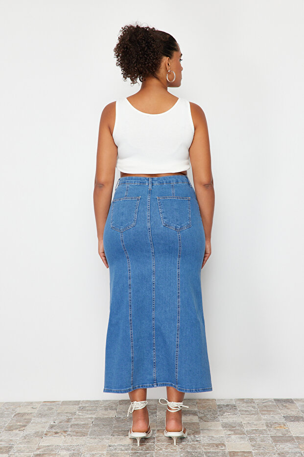 Mavi Ön Yırtmaç Detaylı Midi Denim Etek TBBSS24AZ00011 - 8