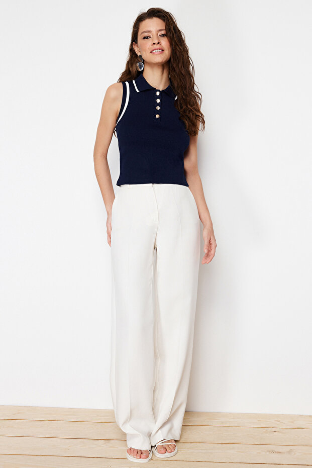 بلوزة كتلة الألوان بياقة بولو باللون الأزرق الداكن TWOSS24BZ00244 - 2