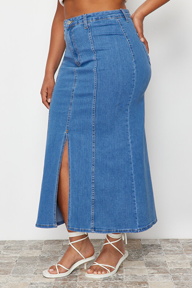 Mavi Ön Yırtmaç Detaylı Midi Denim Etek TBBSS24AZ00011 - 6