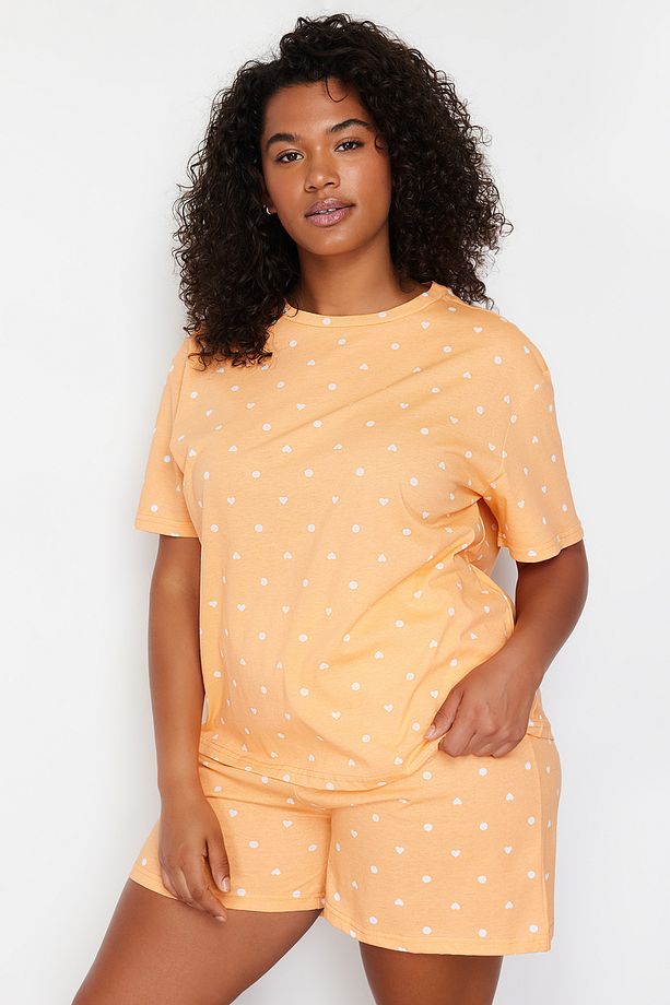 Turuncu %100 Pamuklu Puantiyeli ve Kalpli Şortlu Örme Pijama Takımı TBBSS24AI00025 - 5
